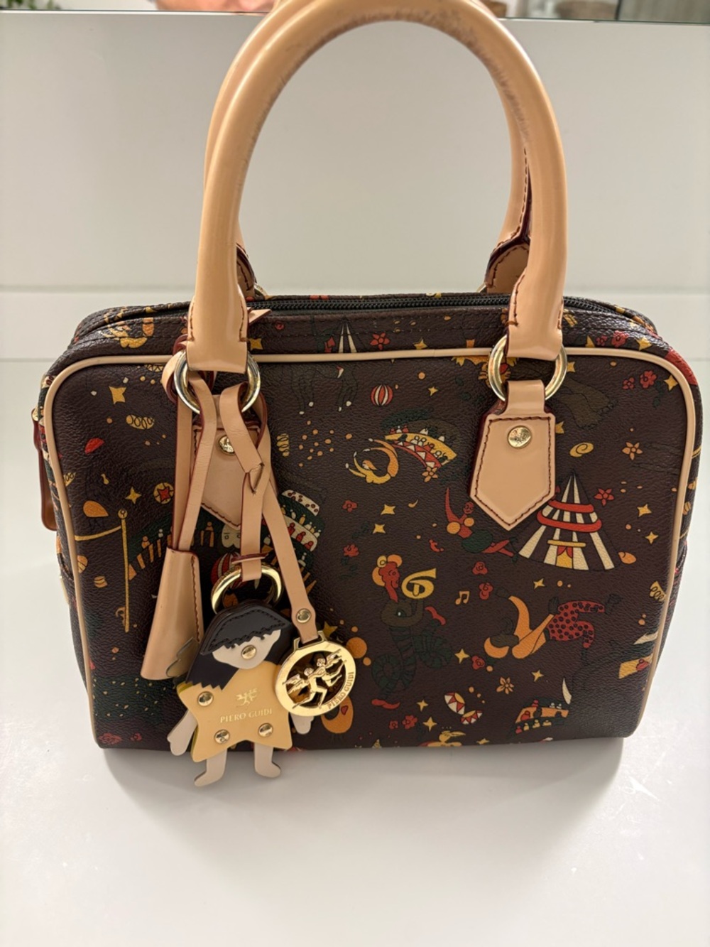 Vintage Piero Guidi Brown Magic Circus Satchel with Purse Charms